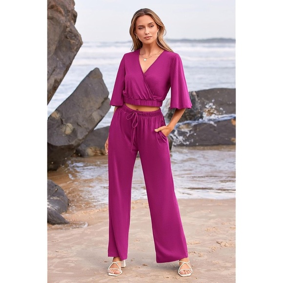 PRETTYGARDEN 2 Piece Outfits For 2024 Summer Wide Leg Pants Set Purple Size M - Picture 3 of 14